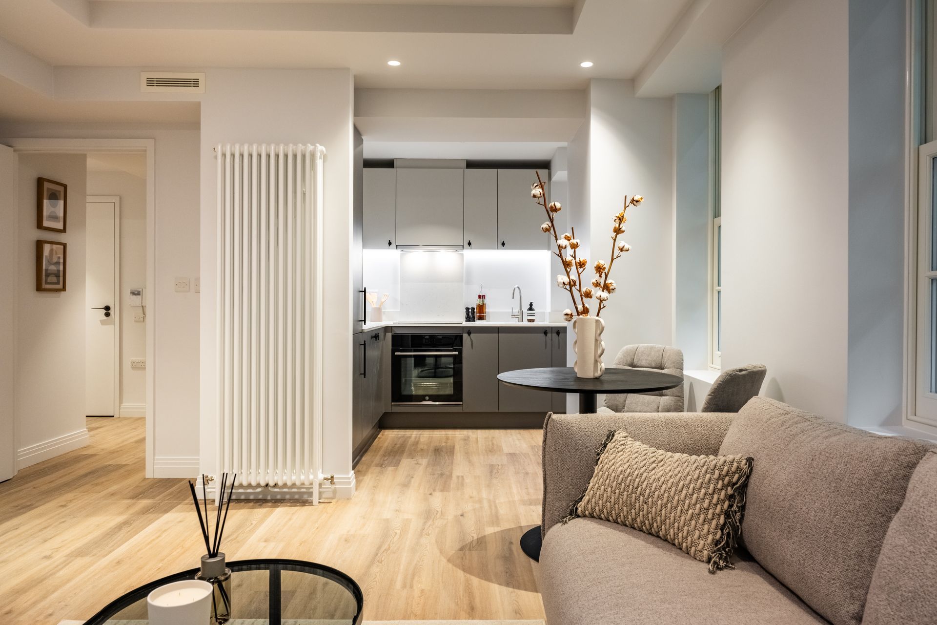 Bedroom at Dolphin Square in London, UK.