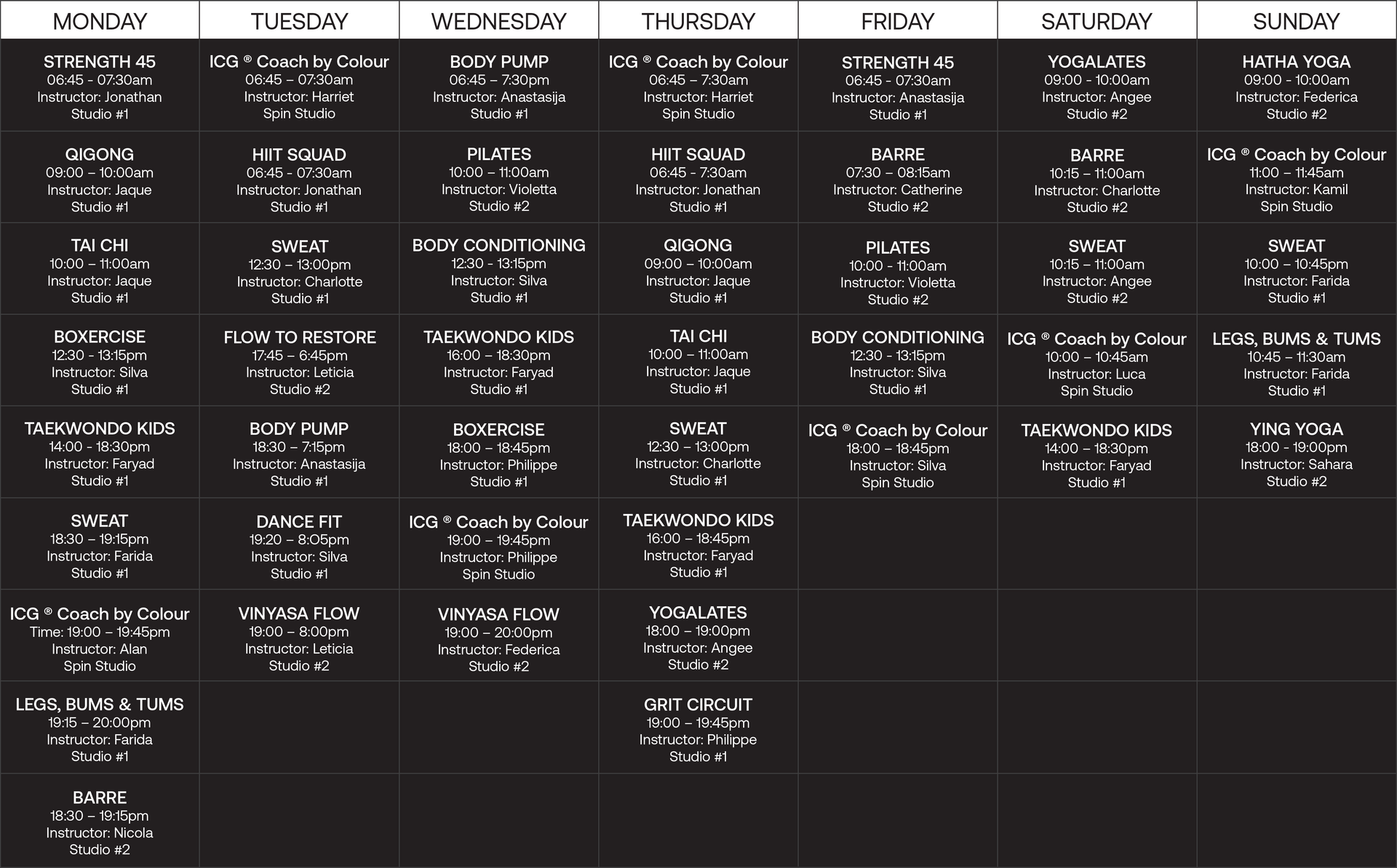 Dolphin Square Fitness Club timetable.