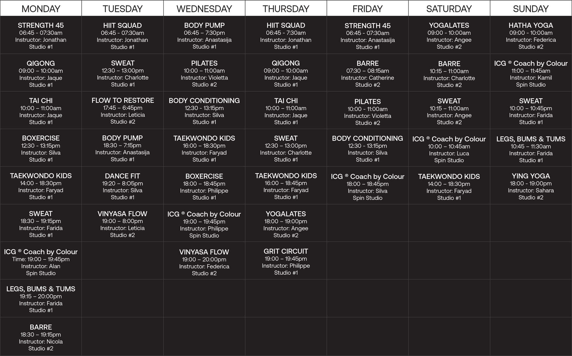 Dolphin Square Fitness Club timetable.