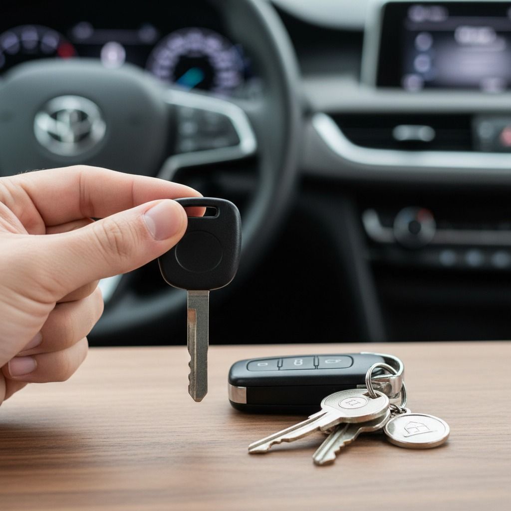 Hand holding car key above a table with other keys and car interior in the background.