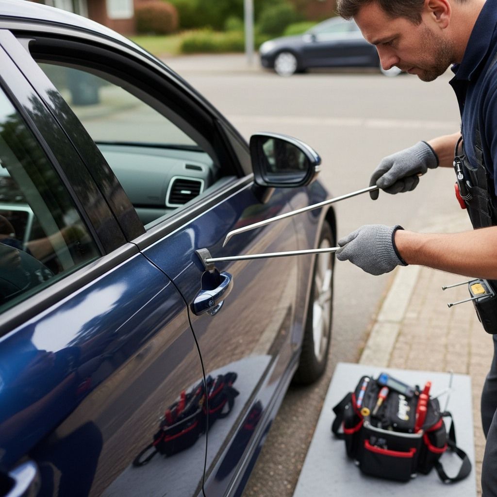 Man using tools to unlock a blue car door. Gloves, toolbox, and street setting visible.
