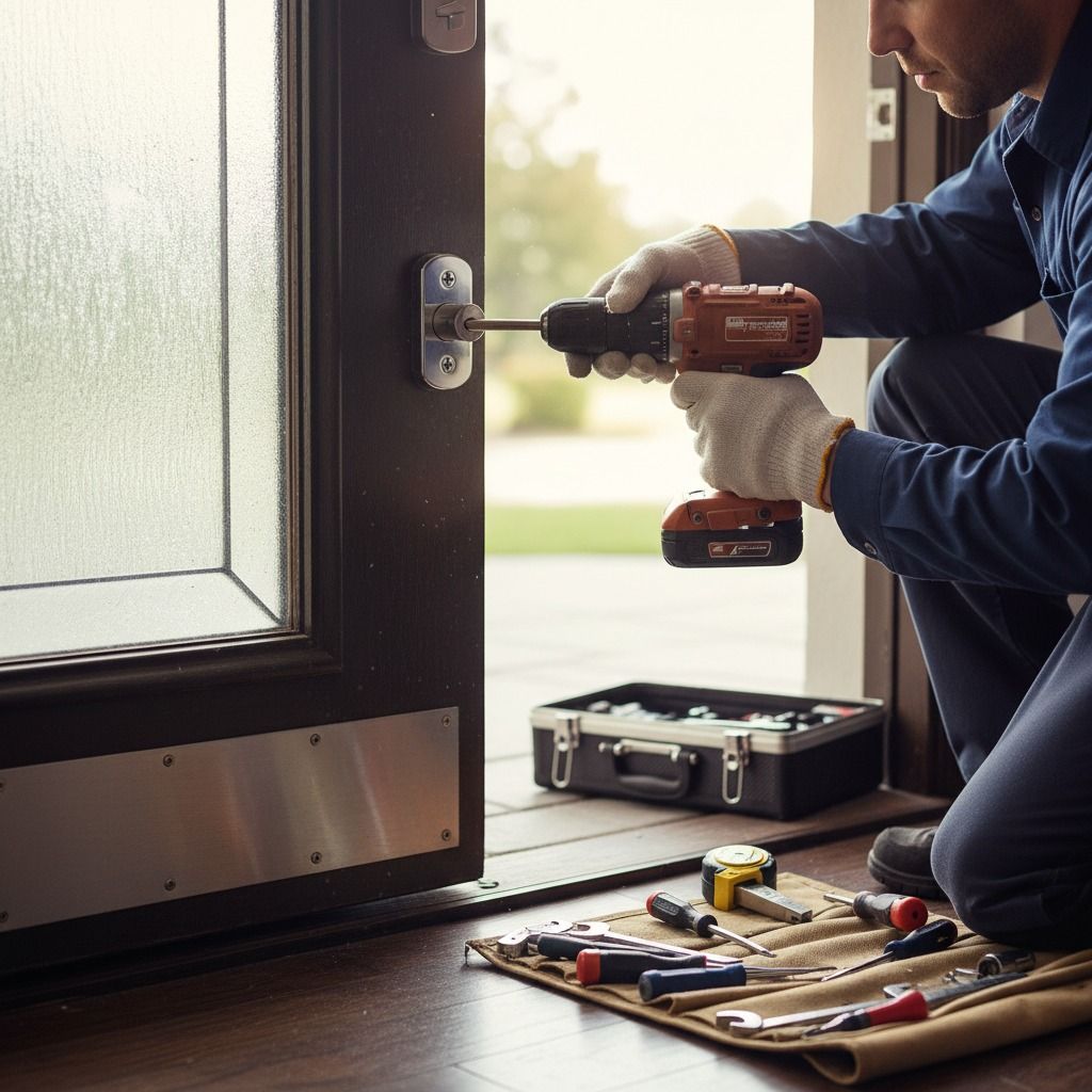 Locksmith using a drill to install a lock on a front door; tools displayed in front.