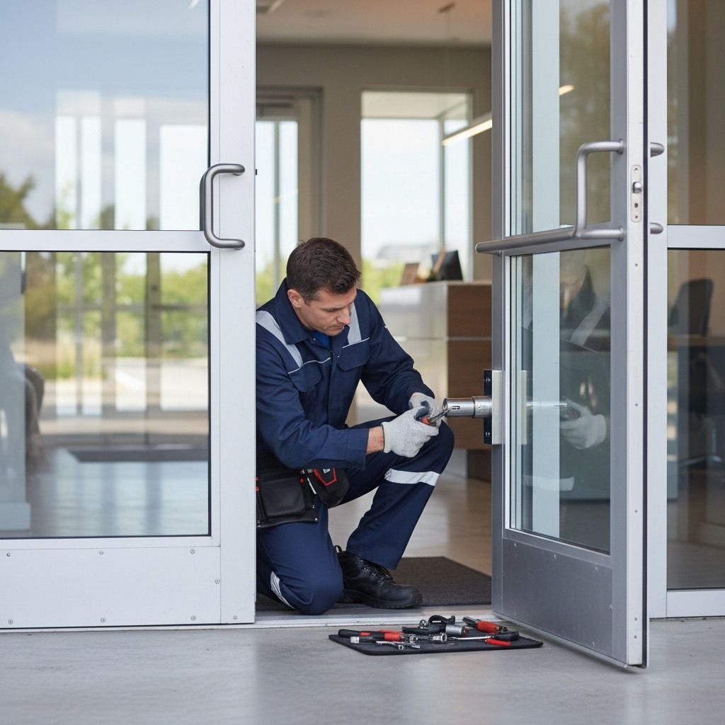 Man in blue overalls kneels, fixing door lock. Tools are in front of the door. Interior office space.