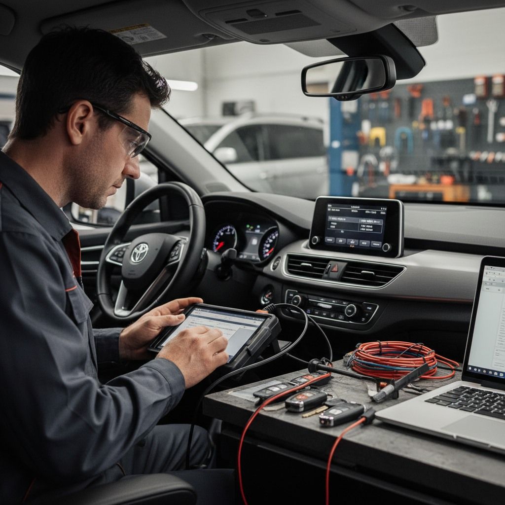 Mechanic using diagnostic equipment inside a car at a service shop.