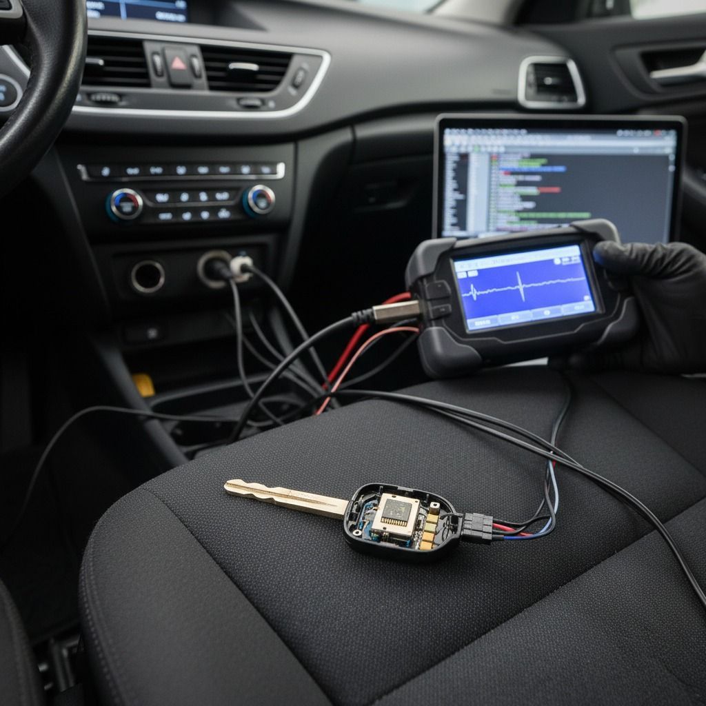 Car key with exposed circuit board connected to diagnostic equipment inside a vehicle.