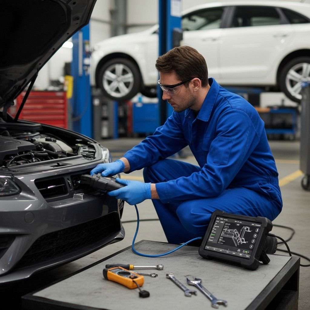 Mechanic in blue coveralls using diagnostic tool on car in a repair shop.