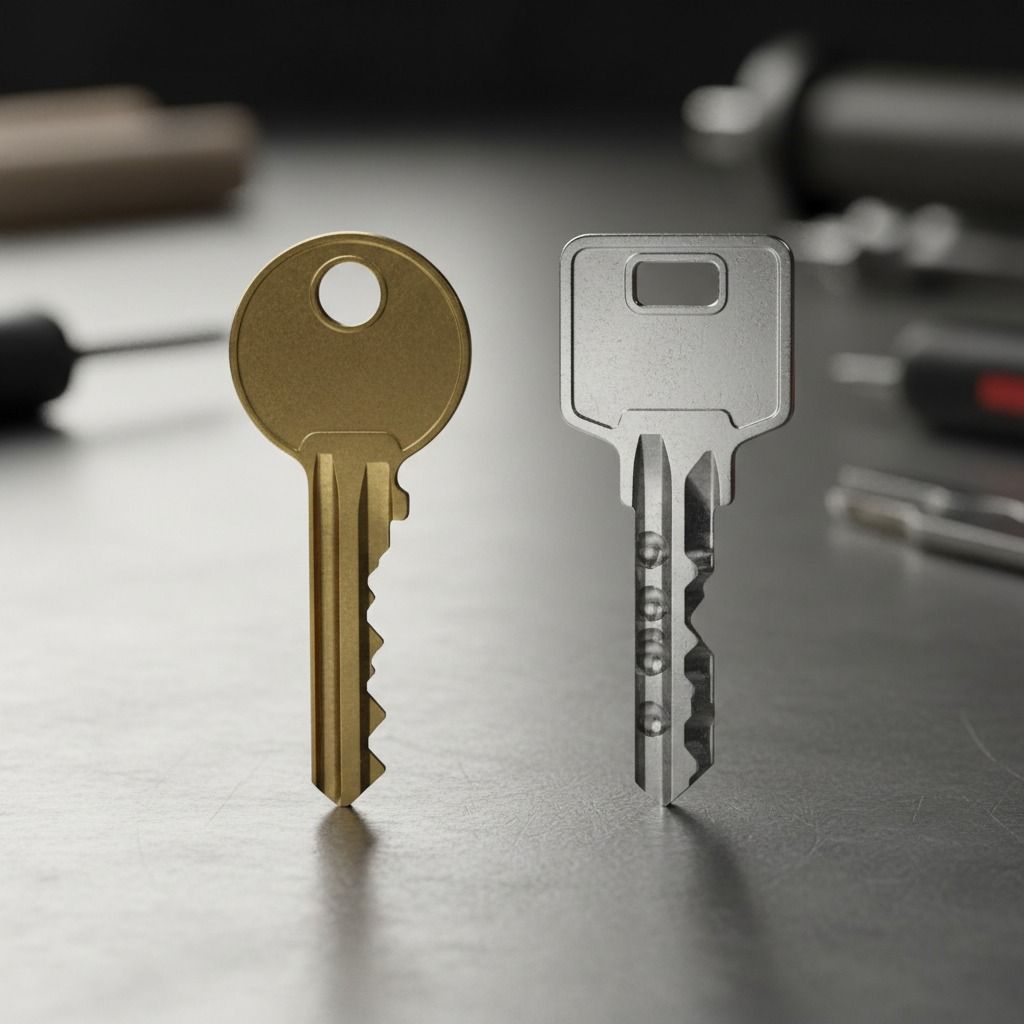 Two keys side-by-side: a gold key and a silver key, lying on a surface with tools in the blurred background.