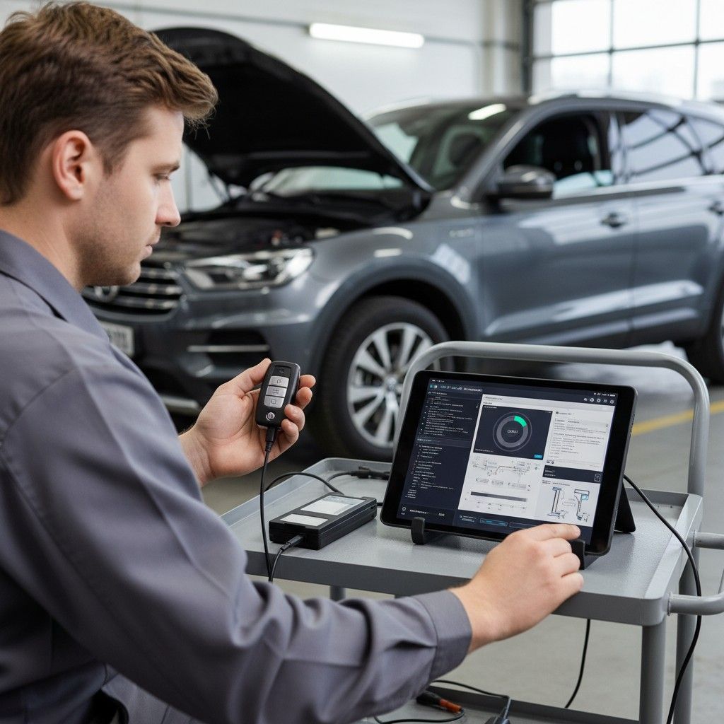 Mechanic using diagnostic tools on a car with its hood open in a garage.