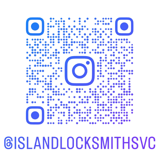 An Instagram QR code in blue and white with the handle @ISLANDLOCKSMITHSSVC written below it.