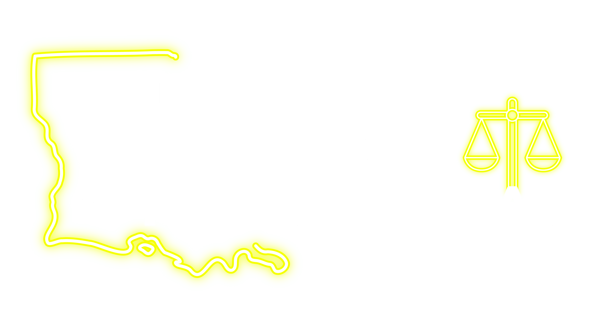 A yellow neon outline of the state of Louisiana next to a yellow neon symbol of scales of justice on a black background.