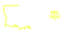 A yellow neon outline of the state of Louisiana next to a yellow neon symbol of scales of justice on a black background.