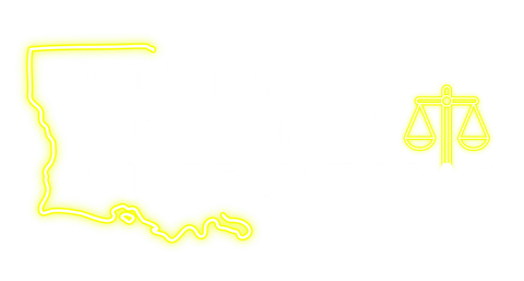 A yellow neon outline of the state of Louisiana next to a yellow neon symbol of scales of justice on a black background.