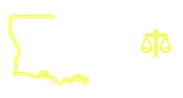 A yellow neon outline of the state of Louisiana next to a yellow neon symbol of scales of justice on a black background.