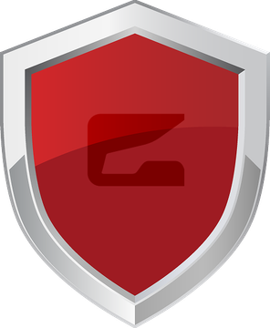 Red shield with a silver border and a dark red 