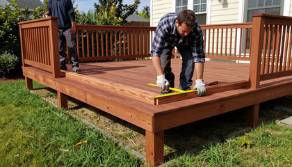 “Worker inspecting a finished wood deck with railings beside a home during a project by deck builders in Dundalk, MD”