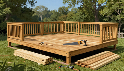 “New wooden backyard deck with railings and loose boards staged for replacement work by deck builders in Dundalk, MD”