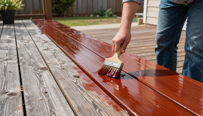 “Hand brushing rich wood stain onto deck boards to protect the surface during work by deck builders in Dundalk, MD”
