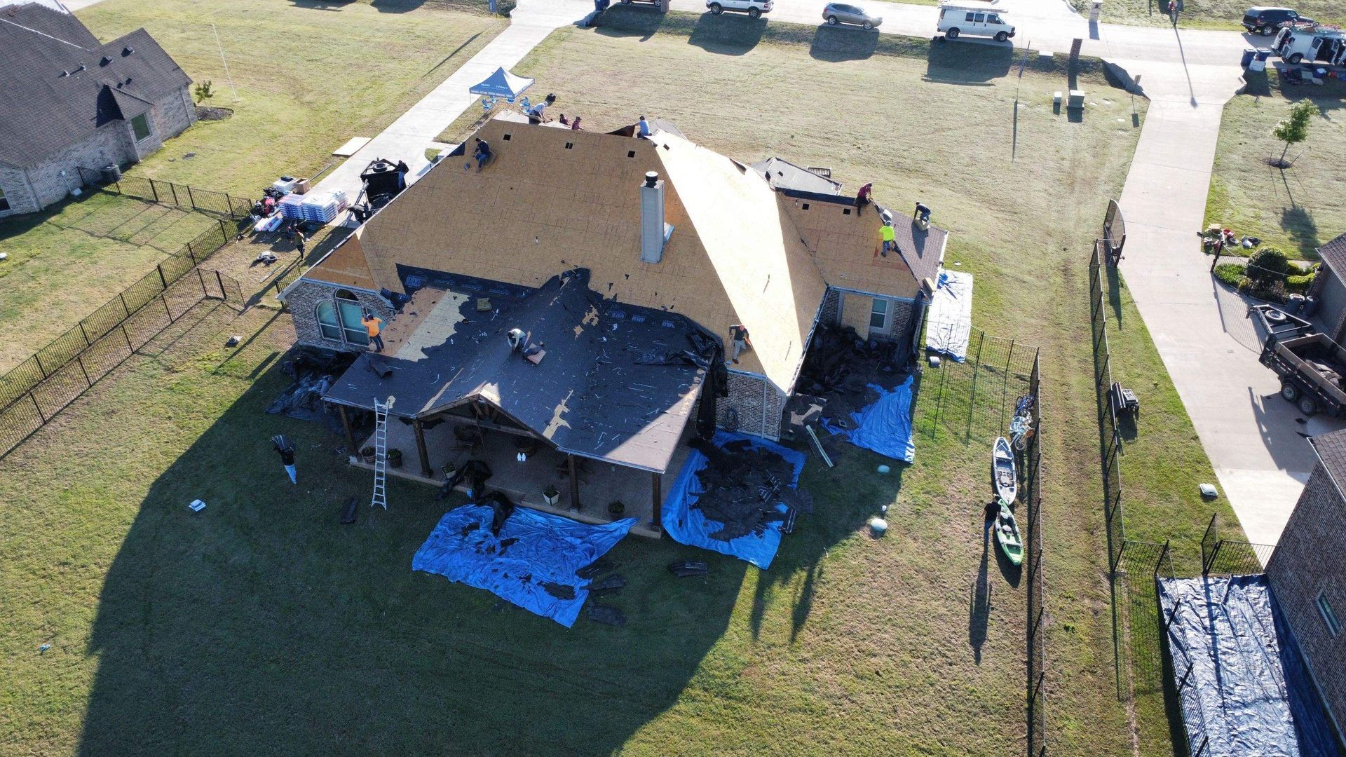 An aerial view of a house that is being remodeled.