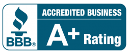 A blue sign that says accredited business a rating
