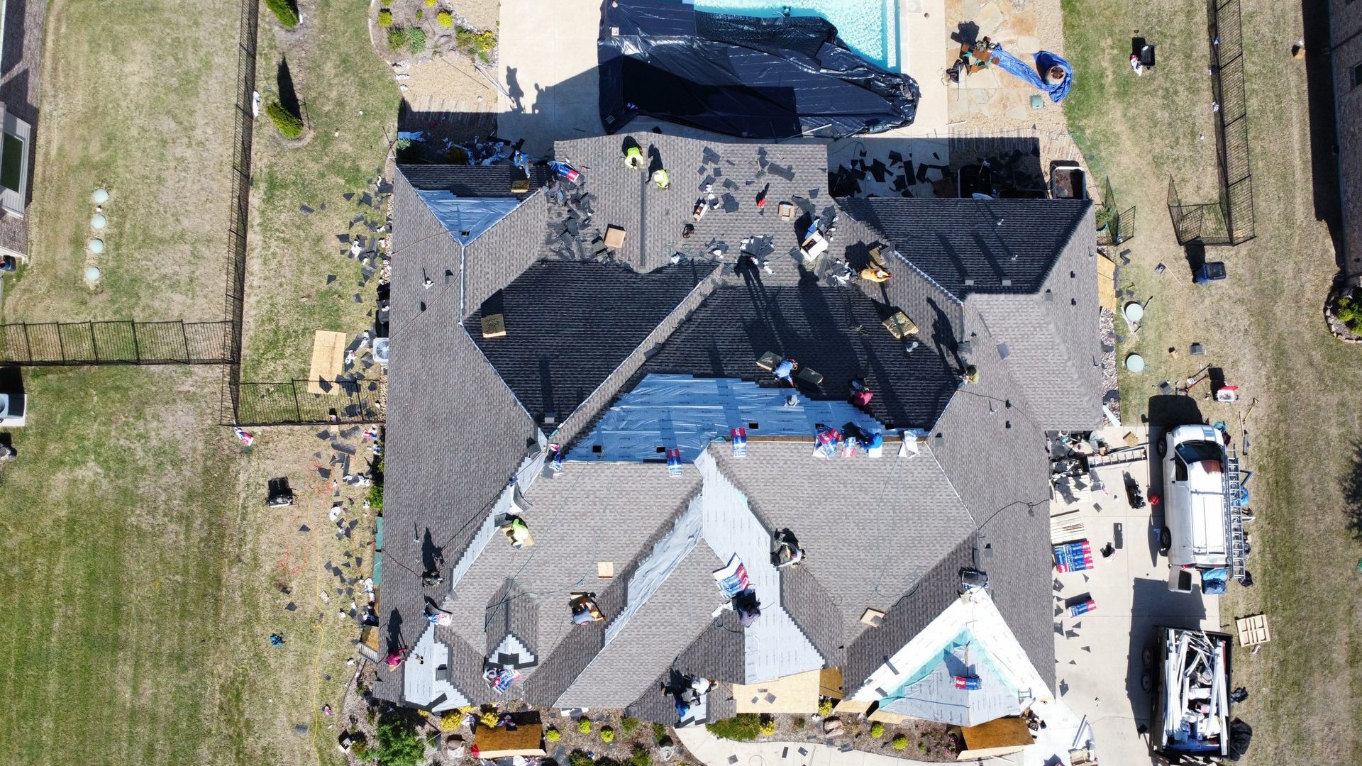 An aerial view of a house that is being remodeled.