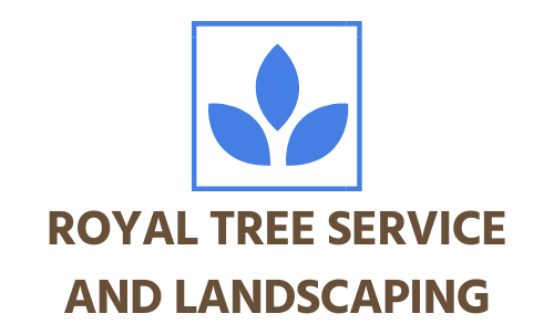 The logo for royal tree service and landscaping has a blue leaf in a square.