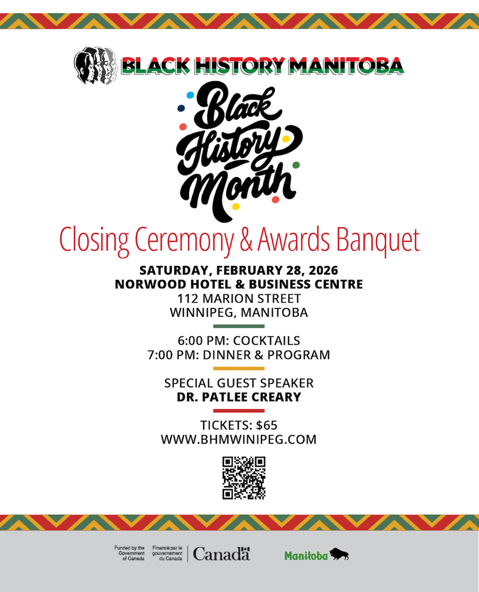 Poster for Black History Month opening ceremony in Manitoba. Features a raised fist and the date February 1.