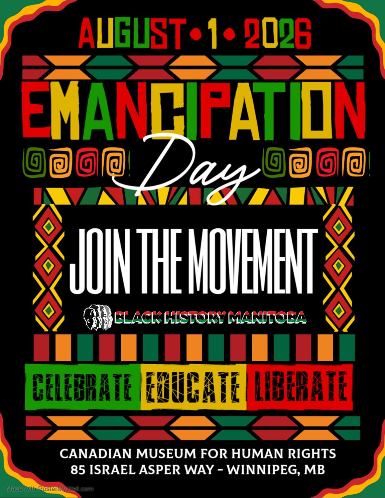 Poster for Black History Month opening ceremony in Manitoba. Features a raised fist and the date February 1.