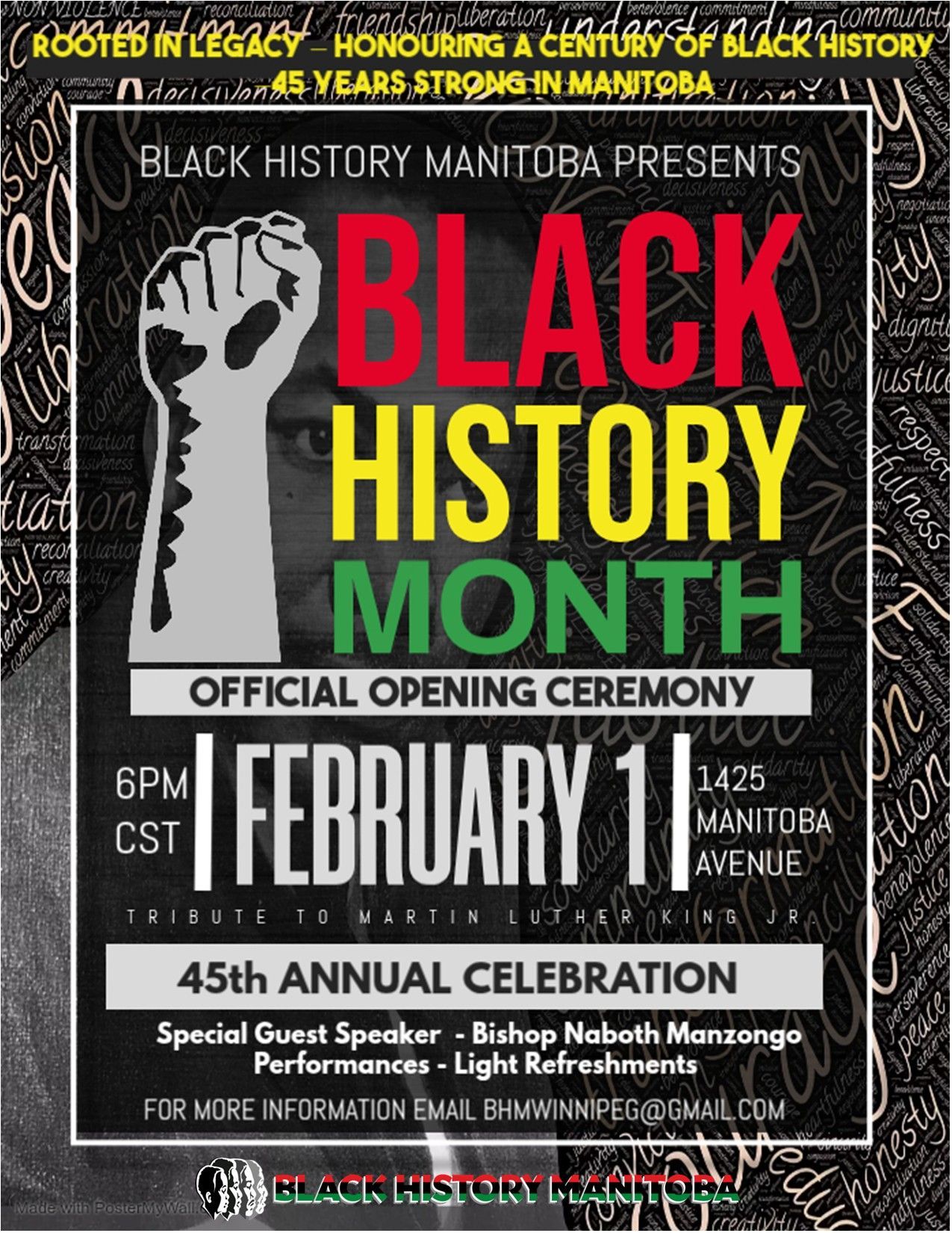 Poster for Black History Month opening ceremony in Manitoba. Features a raised fist and the date February 1.