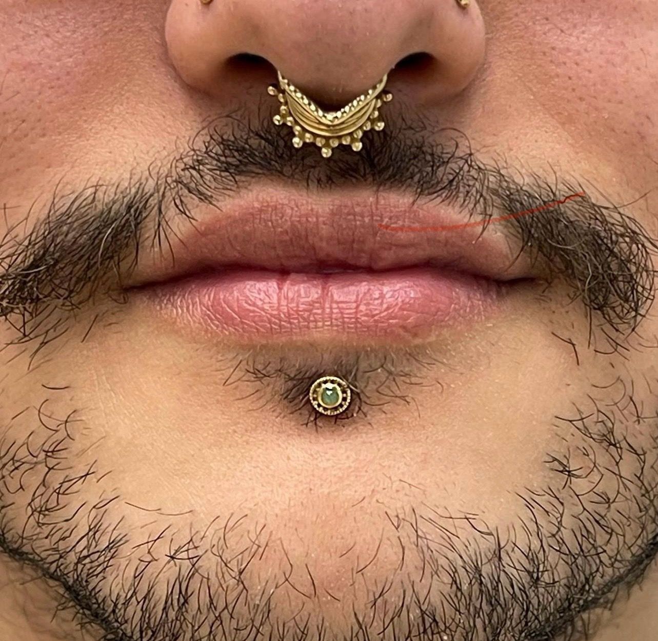 a close up of a man 's face with a beard and a nose ring .