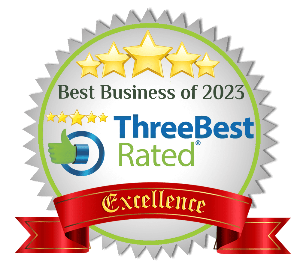 A seal that says `` best business of 2023 three best rated excellence ''