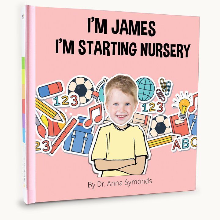 A pink book titled i 'm james i 'm starting nursery