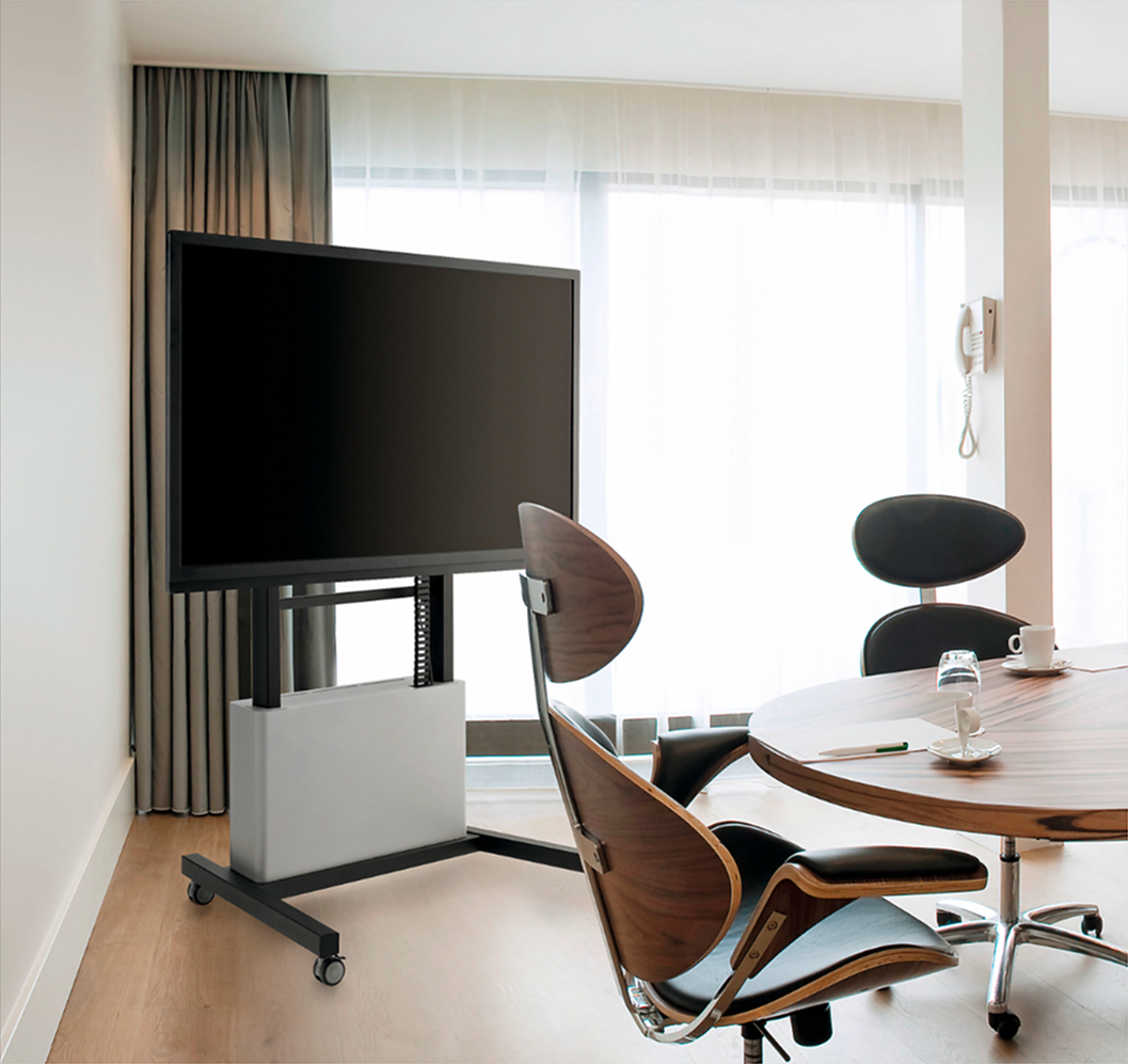 Large Touch Panel on a rolling stand in a meeting room, next to a round table and chairs — Pacific Telephone & Data In Cardiff, NSW