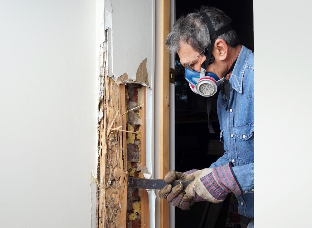 A Man Wearing a Gas Mask Is Working on A Termite Infested Wall — Tableland Pest Control in Atherton, QLD