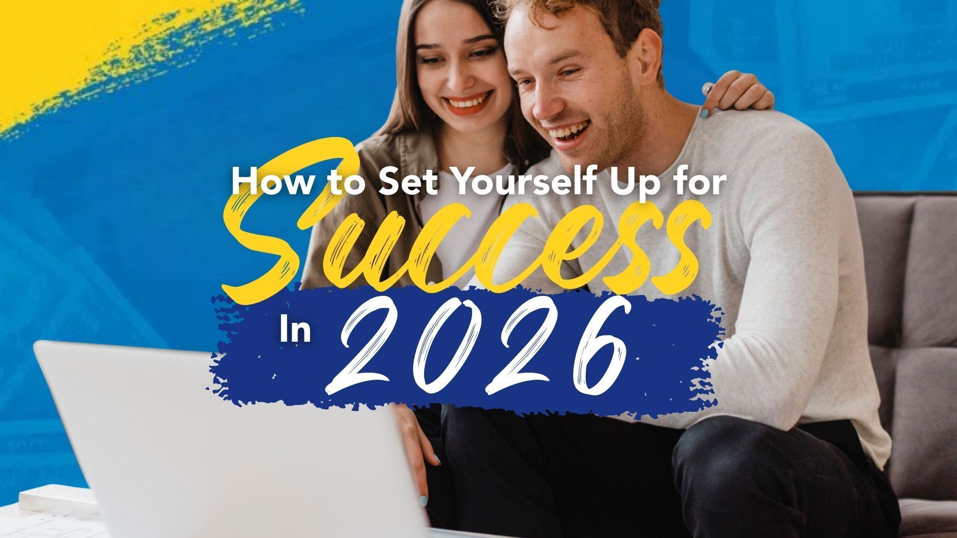 Couple looking at laptop; text 