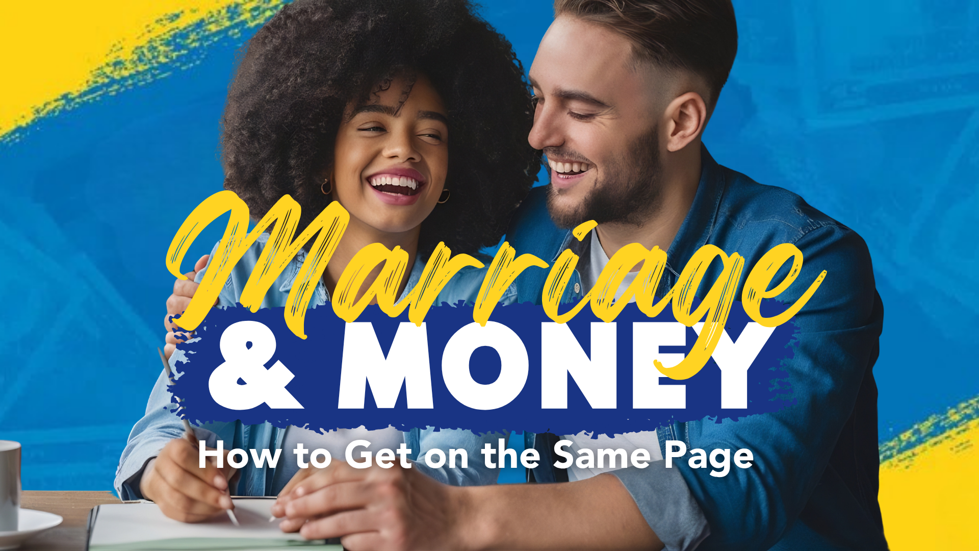 A couple smiling, reviewing documents; text reads 