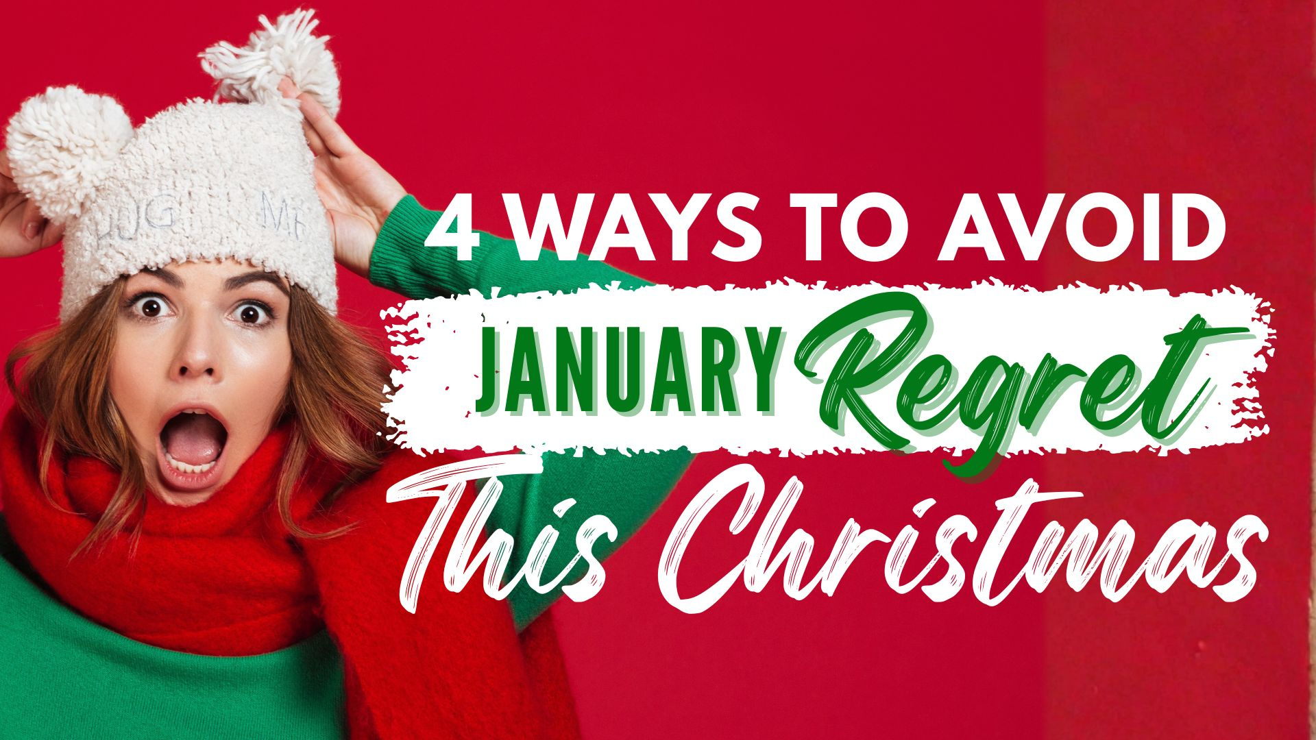 Woman with surprised expression, wearing hat and scarf, text overlay: 