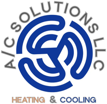 Blue logo for A/C Solutions LLC, featuring a circular, three-pronged fan design with 
