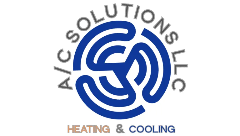 Logo for A/C Solutions LLC featuring a blue, circular, stylized fan icon with text below reading "HEATING & COOLING."