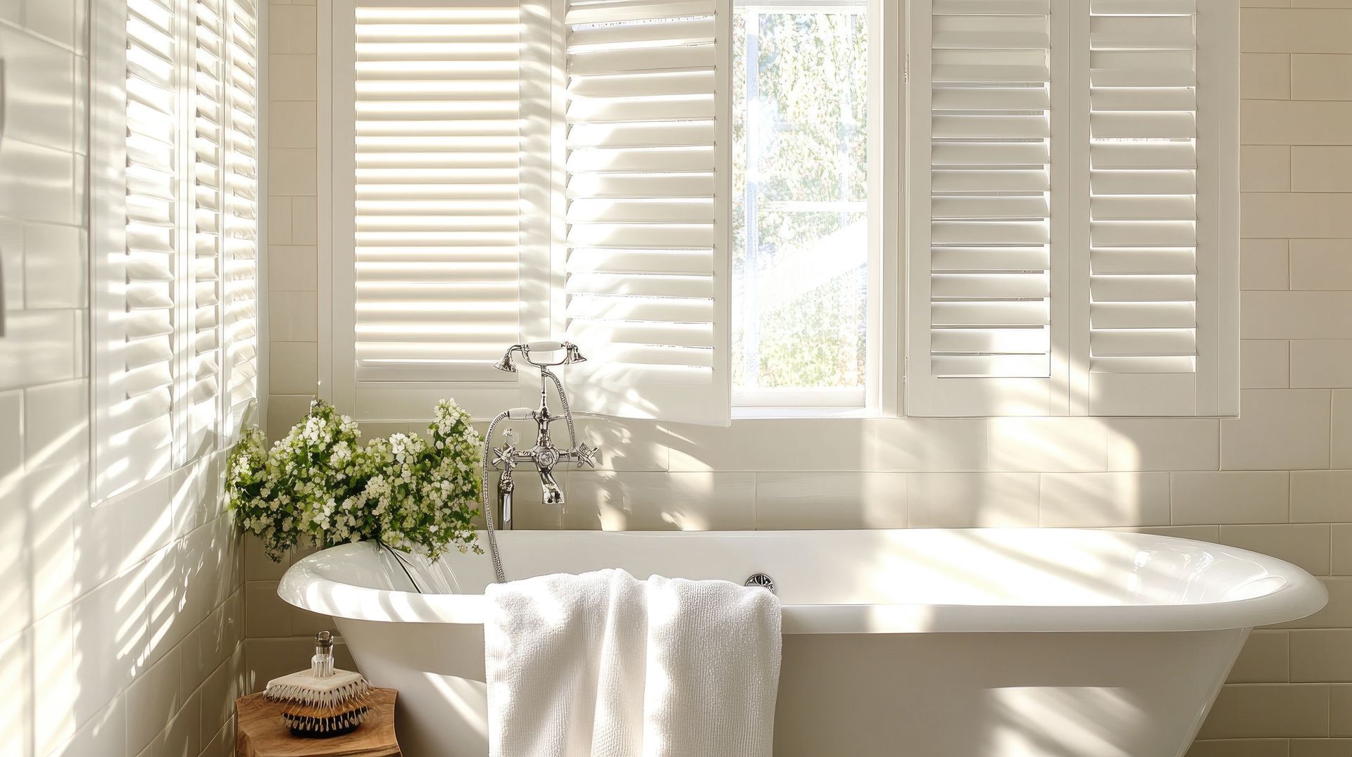 White bathroom with open shutters, sunlight, bathtub, and towel.