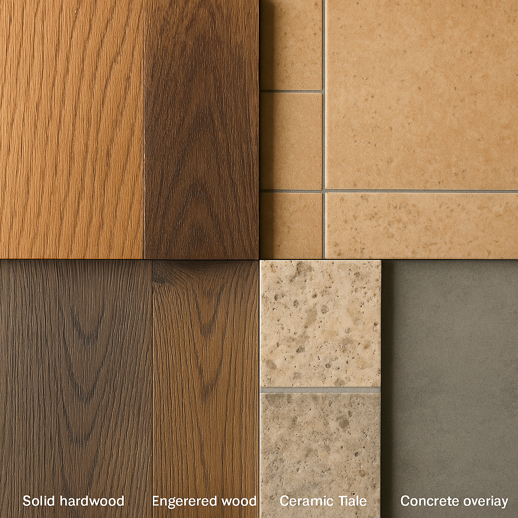 Four different types of wood including solid hardwood engineered wood and ceramic tile
