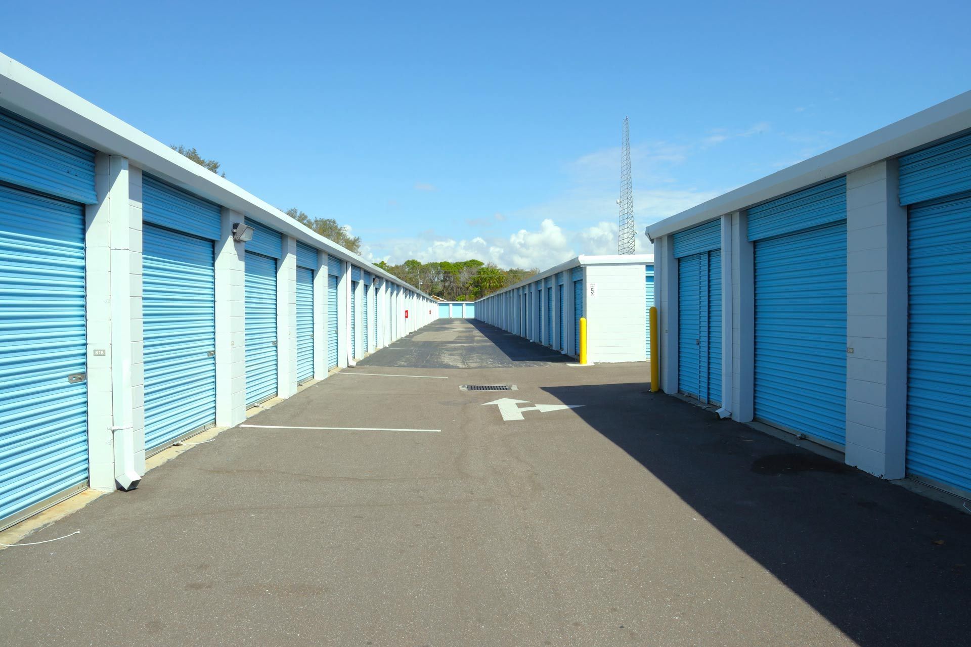 Rows of blue storage units with asphalt pathway under a clear sky.