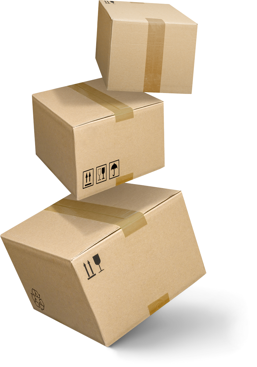 Three cardboard boxes stacked precariously, possibly falling.