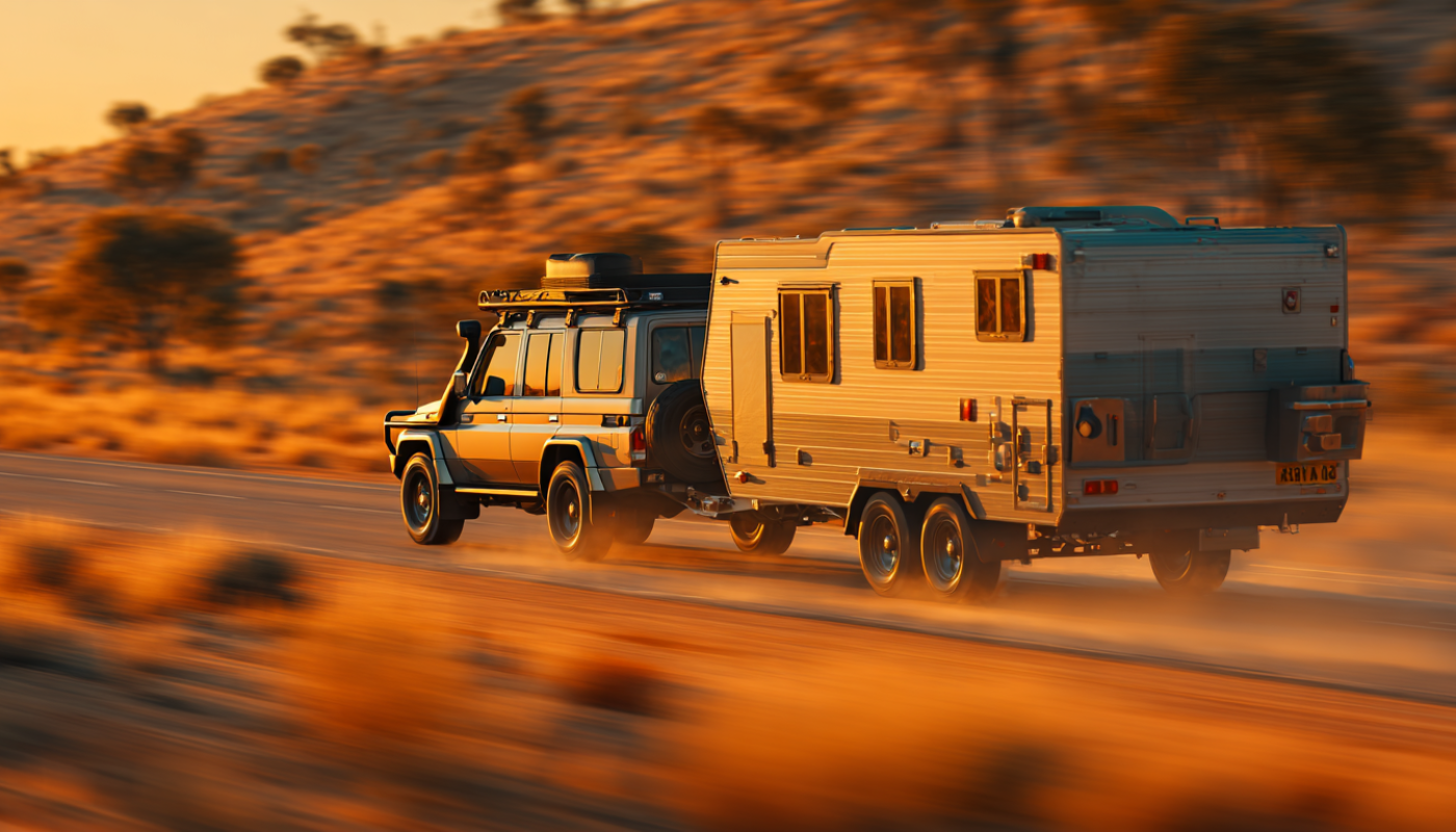 SUV towing a large camper trailer on a dirt road in a desert landscape at sunset.