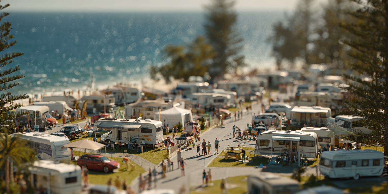 Camping area with trailers near a beach. People walk along a path, cars are parked, and the ocean is visible.