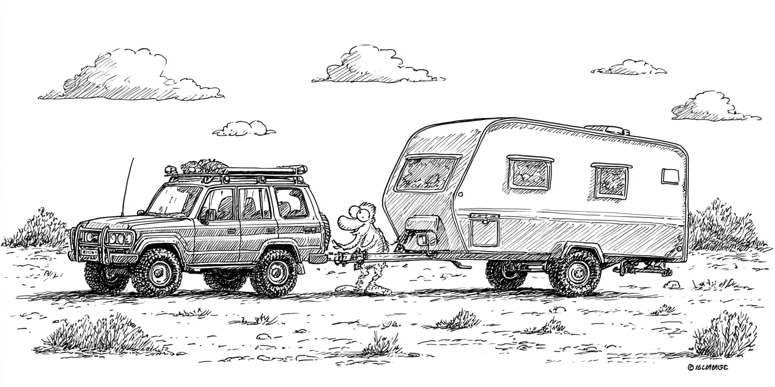 A car towing a caravan on a dirt road, under a cloudy sky.