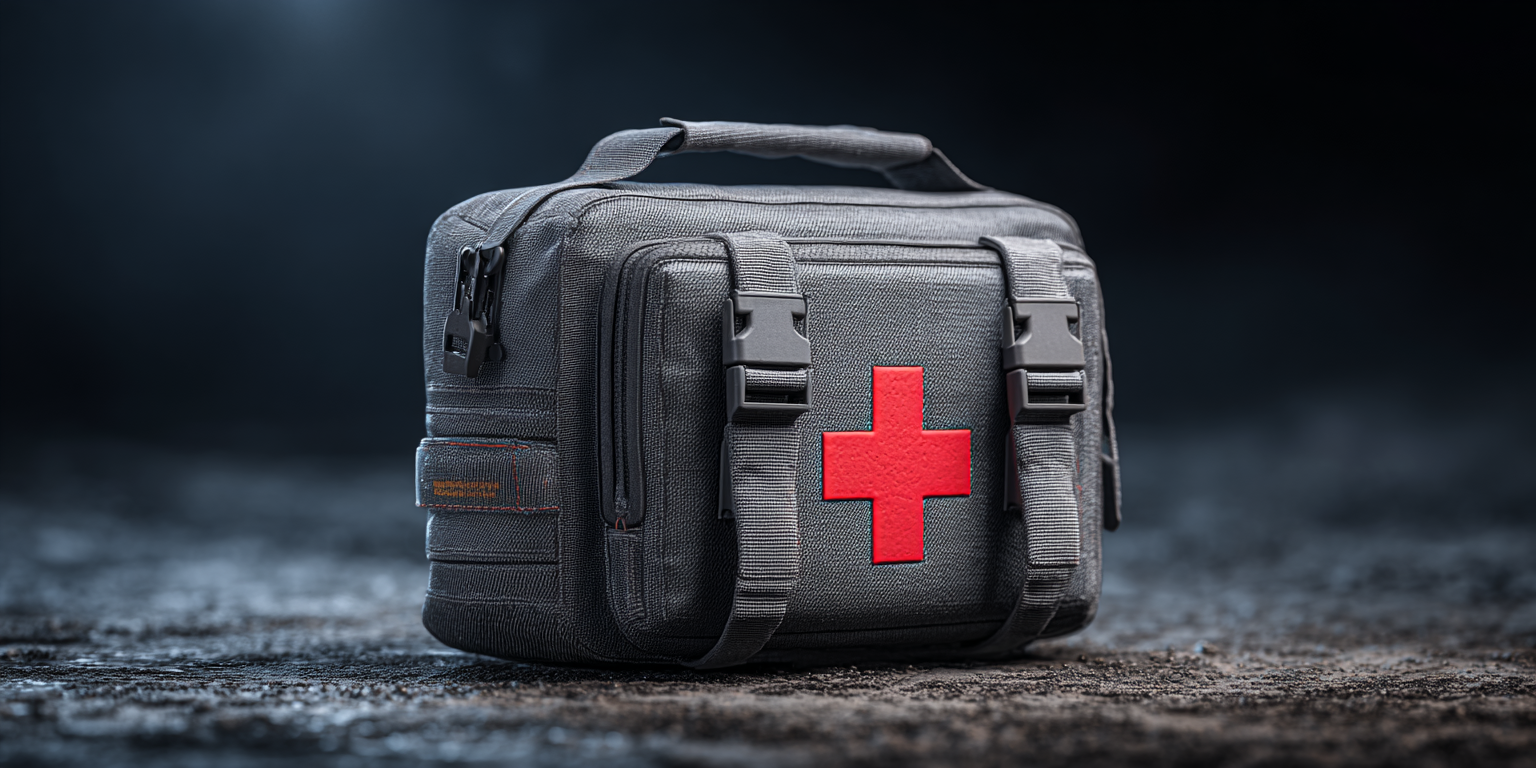 Black and gray first aid kit with a red cross on a textured surface.