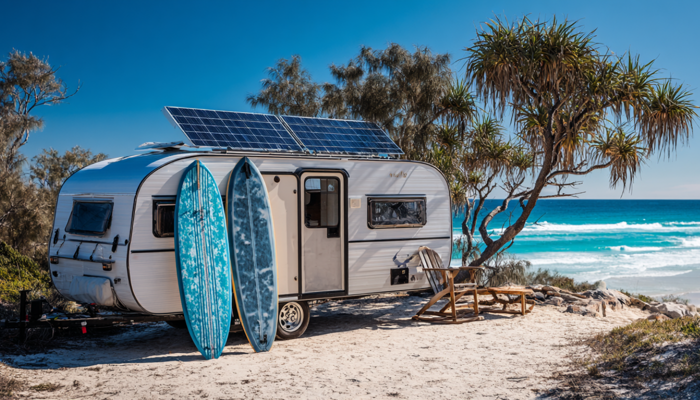 White camper trailer on beach with surfboards and solar panels, sunny day.