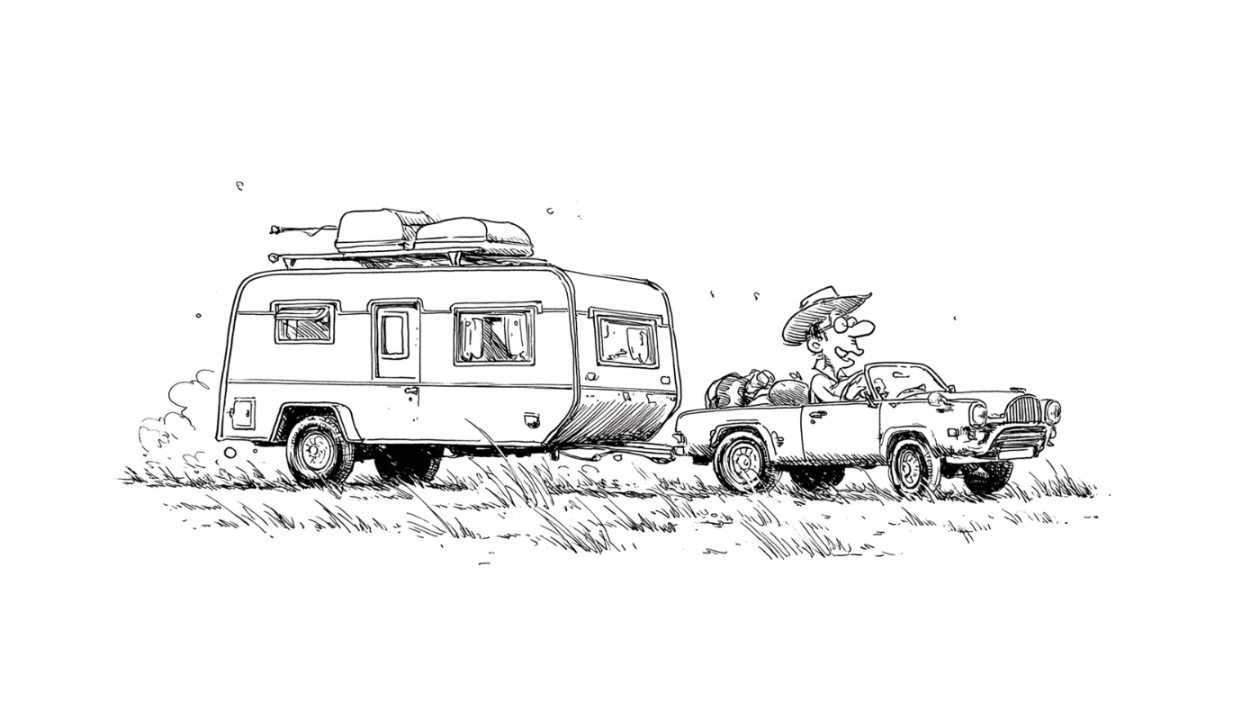 Car towing a caravan across a grassy field. A person is in the driver’s seat.
