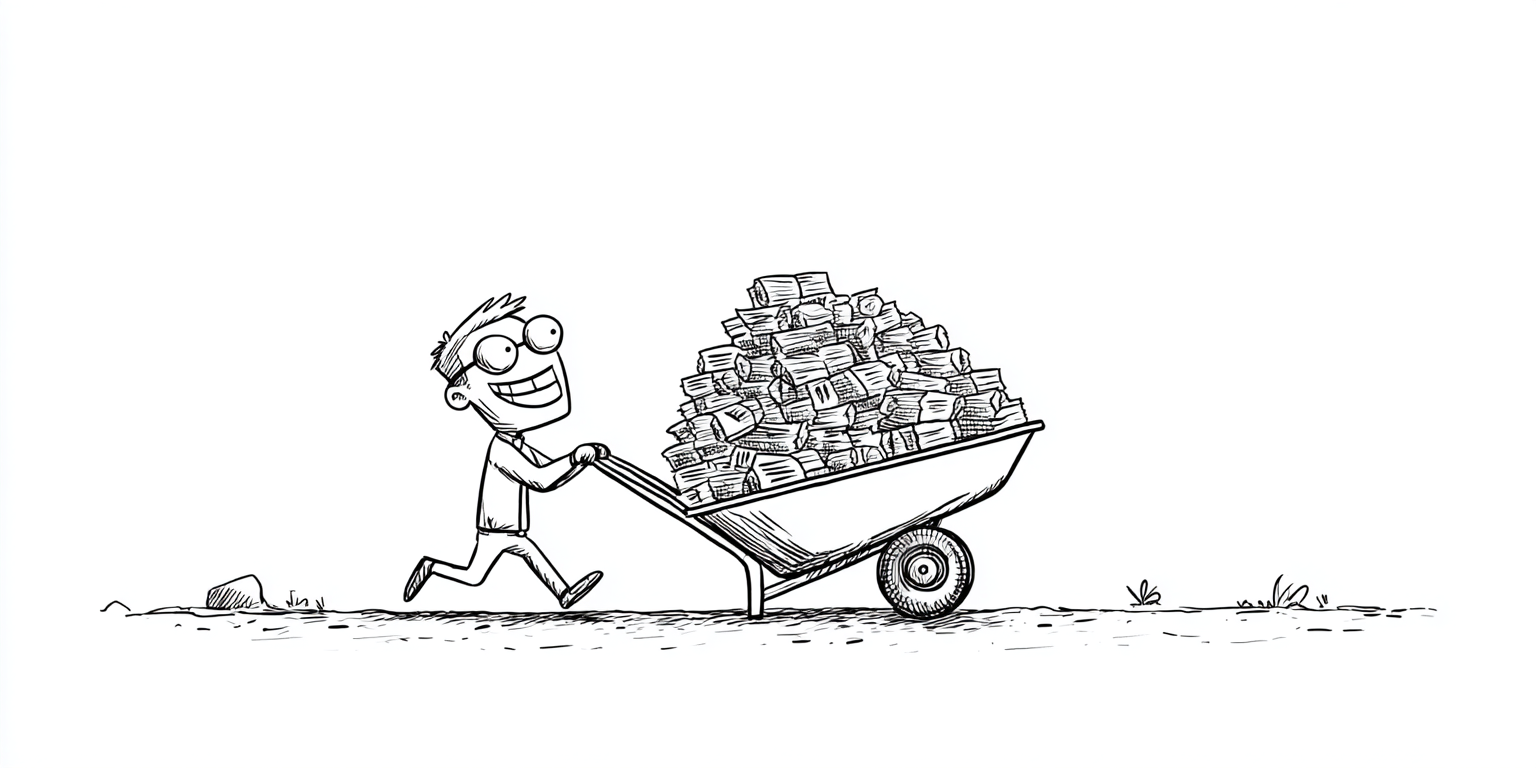 A person happily pushing a wheelbarrow overflowing with objects across a grassy area.