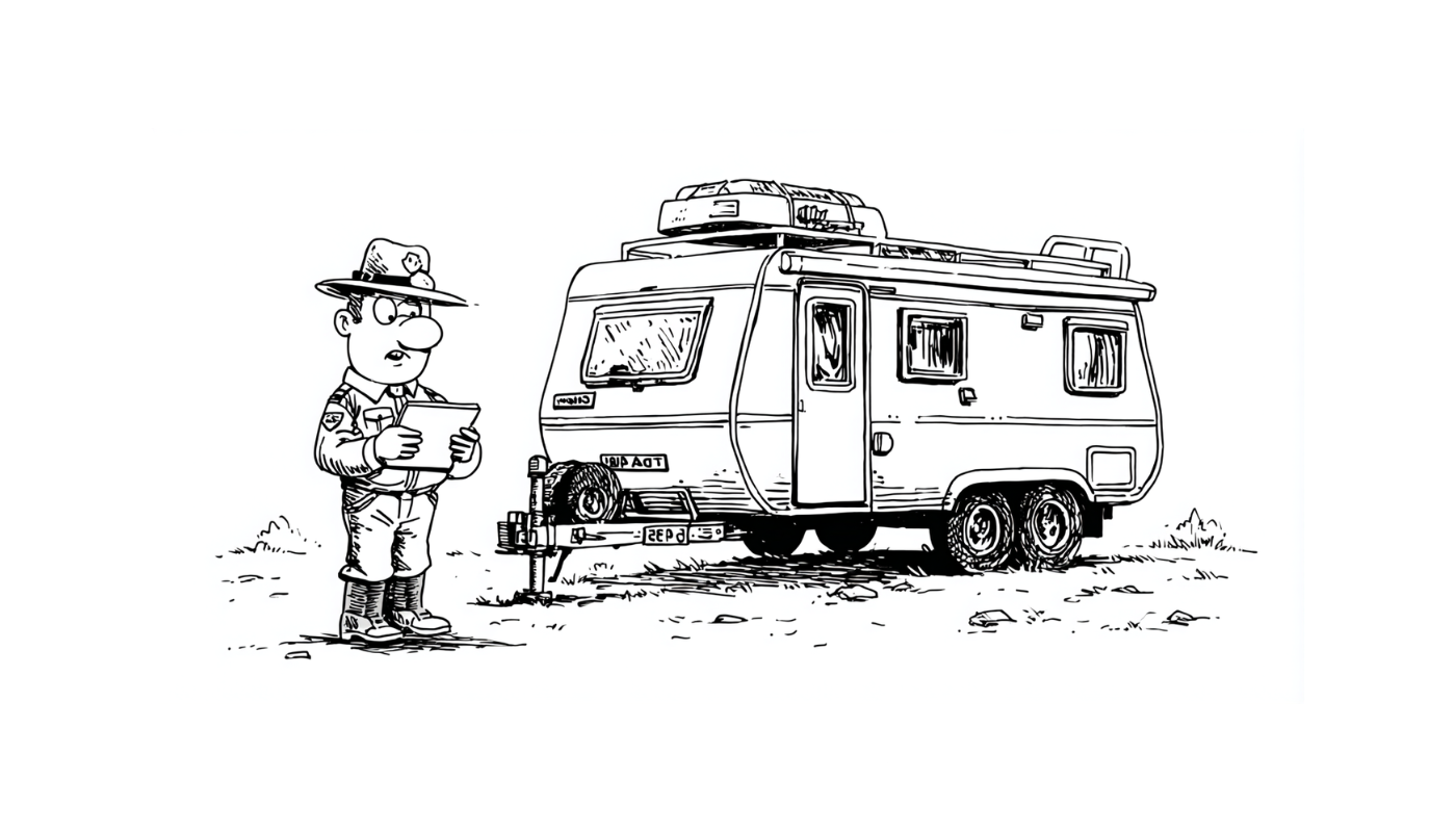 Park ranger with clipboard stands near a travel trailer in an outdoor setting.